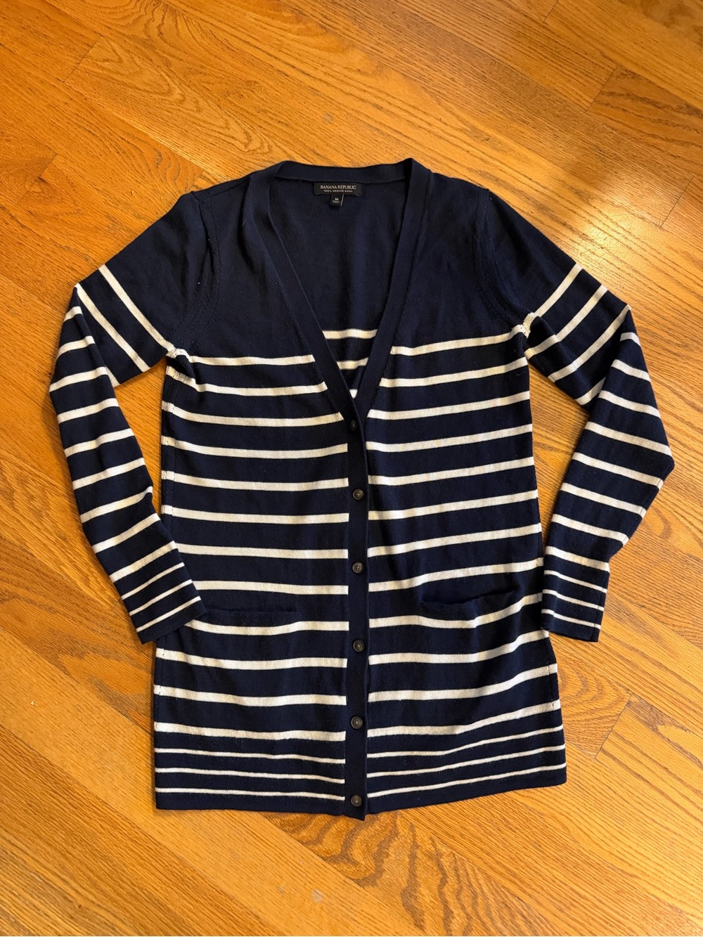 Banana Republic Navy & White Striped Long Buttoned V-Neck Cardigan